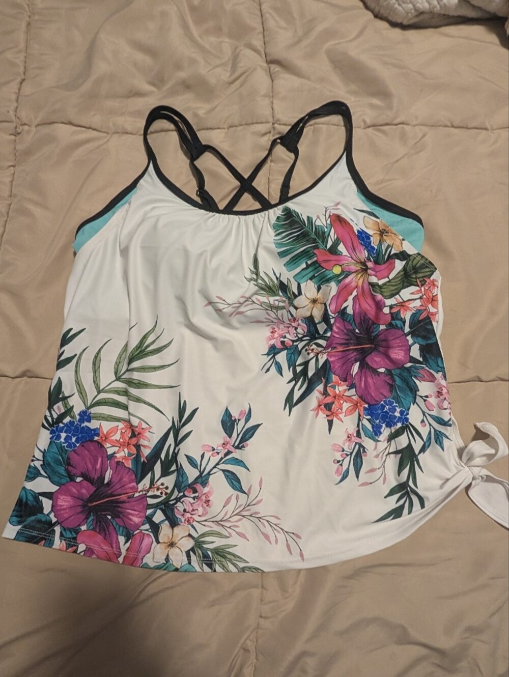 Free Country White Floral Tankini with Purple & Teal Accents